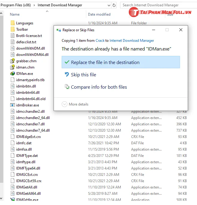 Hướng dẫn crack IDM bước 5 copy file IDM.exe vào Program Files của nơi cài đặt
